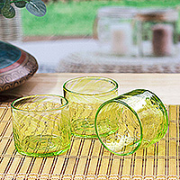 Blown recycled glass juice glasses, 'Lime Relaxation' (set of 3) - 3 Hand Blown Eco-Friendly Green Recycled Glass Juice Glasses