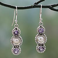 Cultured pearl and amethyst dangle earrings, 'Petite Floral Trio' - Sterling Silver Amethyst and Cultured Pearl Earrings