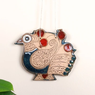 Ceramic ornament, 'Spiritual Messenger' - Peacock and Pomegranate-Themed Blue and Red Ceramic Ornament