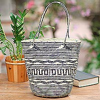 Rattan tote, 'Intricate Black and Cream' - Handwoven Geometric Black & Cream Rattan Open Top Tote