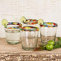 Handblown juice glasses, 'Confetti Rim' (set of 4) - Colorful Handcrafted Blown Glass Juice Glasses (Set of 4)