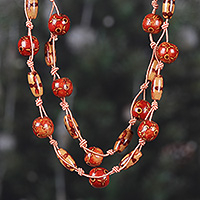 Wood beaded station necklace, 'Fire Glam' - Bohemian Brown and Red Haldu Wood Beaded Station Necklace