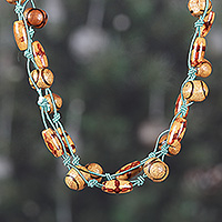 Wood beaded station necklace, 'Island Glam' - Bohemian Turquoise and Brown Wood Beaded Station Necklace