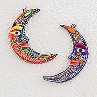 Ceramic wall adornments, 'Crescent Moon Magic' (set of 2) - Set of 2 Colorful Ceramic Moon Wall Ornament Decor