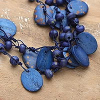 Beaded statement necklace, 'Bohemian Joy in Blue' - Hand-Carved Beaded Statement Necklace in Blue and Gold Hues