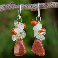 Quartz and carnelian cluster earrings, Bouquet