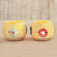 Glass mosaic tealight holders, 'Floral Lights' (pair) - Floral Glass Mosaic Tealight Holders (Pair)