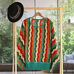 Green and Scarlet Vertical Stripe Alpaca Blend Sweater, 'Tropical Heatwaves'