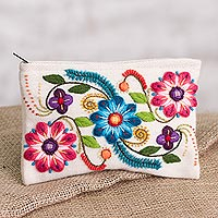 Alpaca blend clutch, 'Vibrant Flowers' - Floral Embroidered Alpaca Blend Clutch in Eggshell from Peru