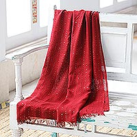 Viscose shawl, 'Garnet Glimmer' - Embellished Viscose Shawl in Cranberry from India