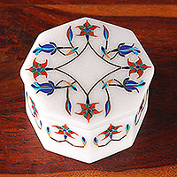 Marble inlay jewelry box, 'Green Lily Garland' - Fair Trade Marble Inlay Jewelry Box