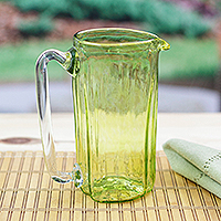 Blown recycled glass pitcher, 'Garden Relaxation in Lemon' - Hand Blown Eco-Friendly Recycled Glass Pitcher in Green