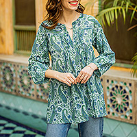 Glass beaded smocked tunic, 'Timeless Mint' - Glass Beaded Paisley Smocked Tunic with Three-Quarter Sleeve