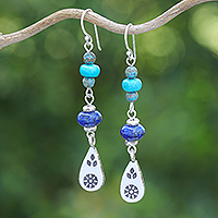 Multi-gemstone dangle earrings, 'Thai Glam' - Multi-Gemstone Dangle Earrings with Silver Hill Tribe Motifs