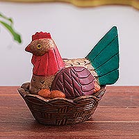 Wood decorative box, 'Colorful Chicken' - Hand-Carved Raintree Wood Chicken Decorative Box