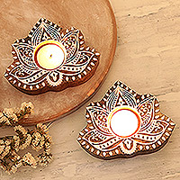 Wood tealight candle holders, 'Kindled Lotus' (pair) - Wood Tealight Candle Holders with Lotus Motif (Pair)