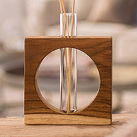 Teak and glass vase, 'Home Elegance' - Watertight Teak Wood Stand with Glass Tube Vase