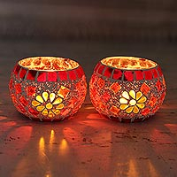 Glass mosaic tealight candleholders, 'Firelight' (pair) - Handmade Glass Mosaic Tealight Candleholders (Pair)