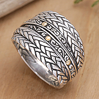 Gold-accented band ring, 'Bohemian Allure' - Bohemian Sterling Silver Band Ring with Gold-Plated Accents