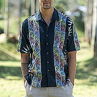 Men's cotton batik shirt, 'Dark Chakra' - Men's Short-Sleeved Chakra-Themed Batik Cotton Button Shirt