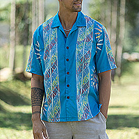 Men's cotton batik shirt, 'Tropical Breeze' - Men's Chakra-Themed Batik Cotton Button Shirt in Light Blue