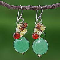 Pearl and carnelian cluster earrings, 'Thai Joy' - Quartz and Pearl Dangle Earrings