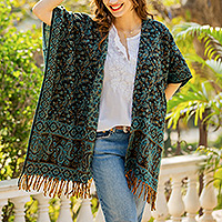 Woven ruana, 'Paisley Garden' - Paisley Floral Leaf-Themed Open Front Fringed Ruana