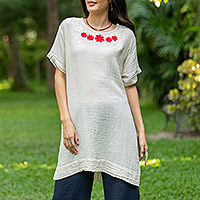 Cotton tunic, 'Posy Bliss in Alabaster' - Floral Cotton Tunic in Alabaster from Thailand