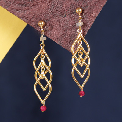 Gold-plated labradorite and quartz dangle earrings, 'Golden Fall' - Leafy 22k Gold-Plated Labradorite and Quartz Dangle Earrings