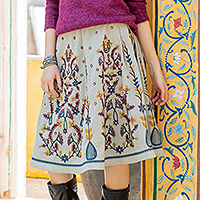 Embroidered cotton skirt, 'Worldly Charm' - Embroidered Floral and Leaf Cotton Skirt with Mirror Beads