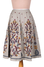 Embroidered cotton skirt, 'Worldly Charm' - Embroidered Floral and Leaf Cotton Skirt with Mirror Beads