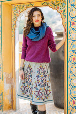 Embroidered cotton skirt, 'Worldly Charm' - Embroidered Floral and Leaf Cotton Skirt with Mirror Beads