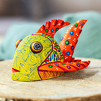 Wood alebrije figurine, 'Yellow Fish' - Mexican Hand-Painted Yellow Fish Wood Alebrije Figurine