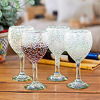 Handblown recycled glass wine glasses, 'Blizzard' (set of 4) - Set of 4 Frosted Wine Glasses Handblown from Recycled Glass