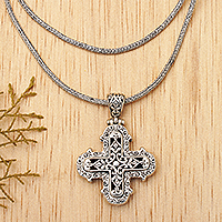 Sterling silver cross necklace, 'Glorious Faith' - Ornate Sterling Silver Cross Necklace from Bali