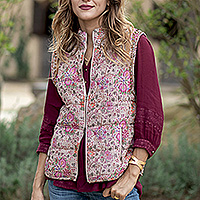 Quilted vest, 'Boho Style' - Floral and Leaf-Themed Quilted Vest with Zippered Pockets