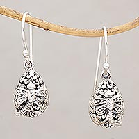 Sterling silver dangle earrings, 'Dragonfly's Rest' - Dainty Egg Shaped Silver Earrings with Dragonflies