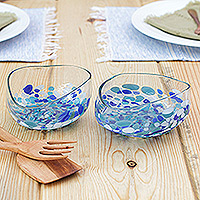 Handblown glass dessert bowls, 'Blue Confetti' (pair) - Pair of Blue Dot Patterned Handblown Glass Dessert Bowls