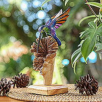 Wood sculpture, 'Divine Bird' - Mushroom-Shaped Wood Sculpture with Colorful Hummingbird