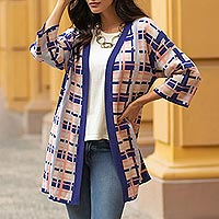 Cotton blend knit kimono, 'Melon Spring' - Hand Made Cotton Blend Plaid Knit Kimono Top from Peru