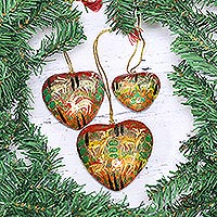 Papier mache ornaments, 'Jungle Christmas' (set of 3) - Heart Shaped Ornaments with Jungle Motifs (Set of 3)