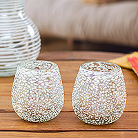 Handblown stemless wine glasses, 'Blizzard' (pair) - Pair of Textured Clear Handblown Stemless Wine Glasses