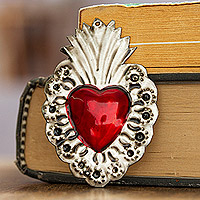 Steel ornament, 'Traditional Love' - Mexican Tin-Plated Steel Ornament with Red Heart