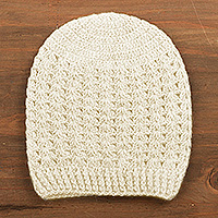 100% alpaca hat, 'Ivory Stars Align' - Hand-Crocheted Dove Ivory Alpaca Cozy Winter Hat