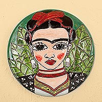 Ceramic decorative plate, 'Fantastic Frida' - Handcrafted Frida Kahlo Colorful Ceramic Decorative Plate