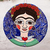 Ceramic wall art, 'Frida and Her Flowers' - Floral Frida-Themed Ceramic Wall Art from Mexico