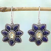 Citrine and lapis lazuli dangle earrings, 'Geranium Blossoms' - Lapis Lazuli Citrine Floral Dangle Earrings from India