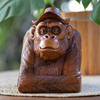 Wood sculpture, 'Pensive Orangutan' - Hand-Carved Balinese Suar Wood Orangutan Sculpture