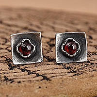 Garnet button earrings, 'Square Passion' - Square Sterling Silver and Natural Garnet Button Earrings