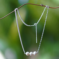 Cultured pearl pendant necklace, 'Triple Nobility' - Polished Sterling Silver and Cultured Pearl Pendant Necklace